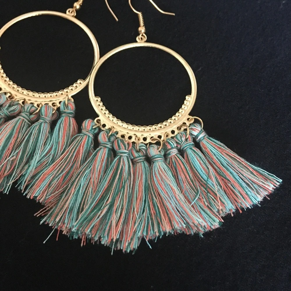 Multicolor and Gold Fan Shaped Tasseled Earrings